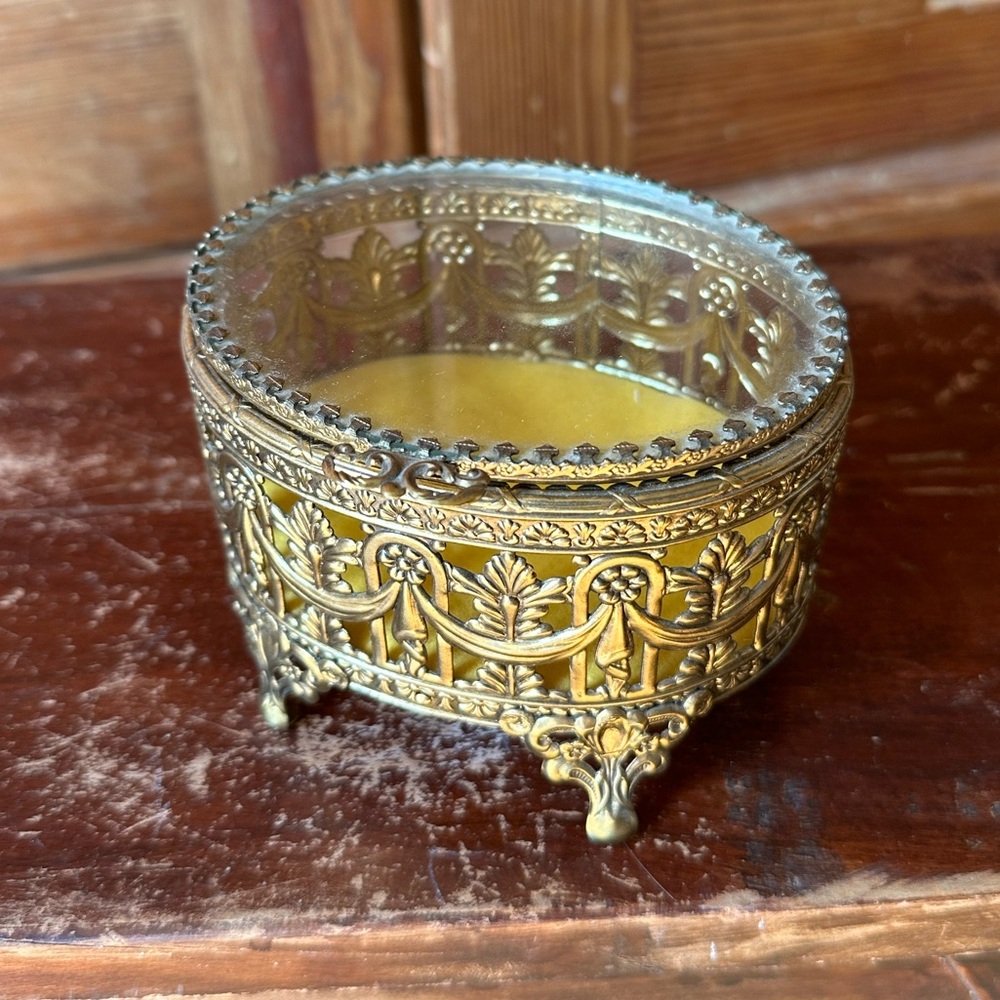 SOLD Vintage 1950s Casket Jewelry box Hollywood Regency Glass Gold metal trinket - Picture 1 of 7
